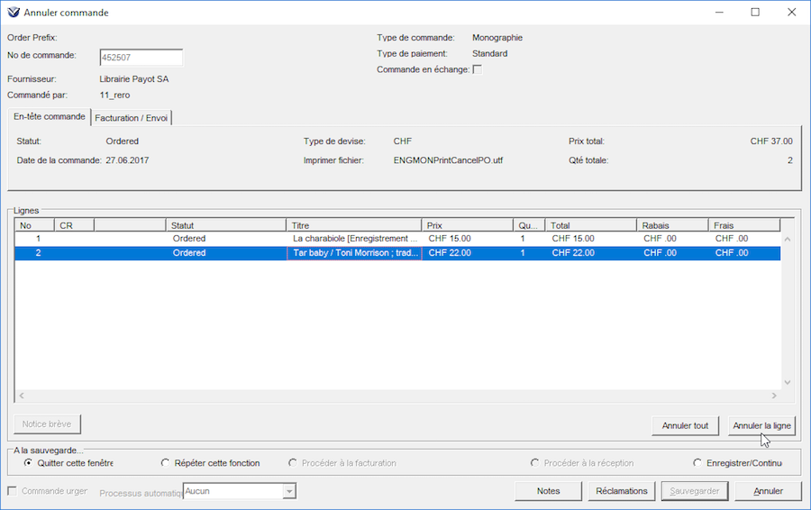 Annuler ligne commande